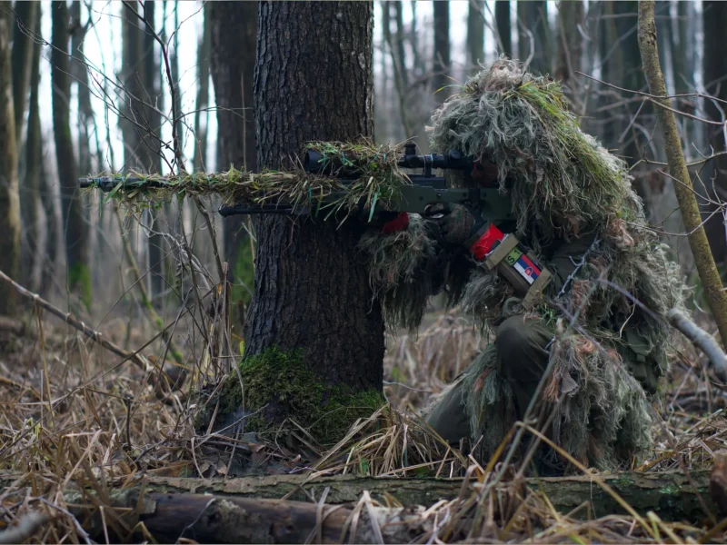 a picture of a person on the right covered in camouflage pointing an airsoft gun towards the left.