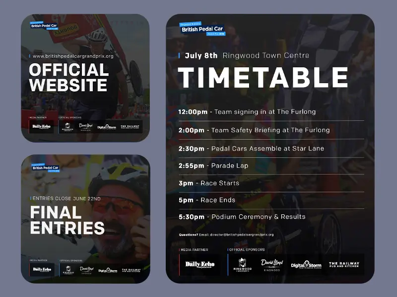 multiple images containing lap timing information, and a timetable of the British Pedal Car Grand Prix 2020